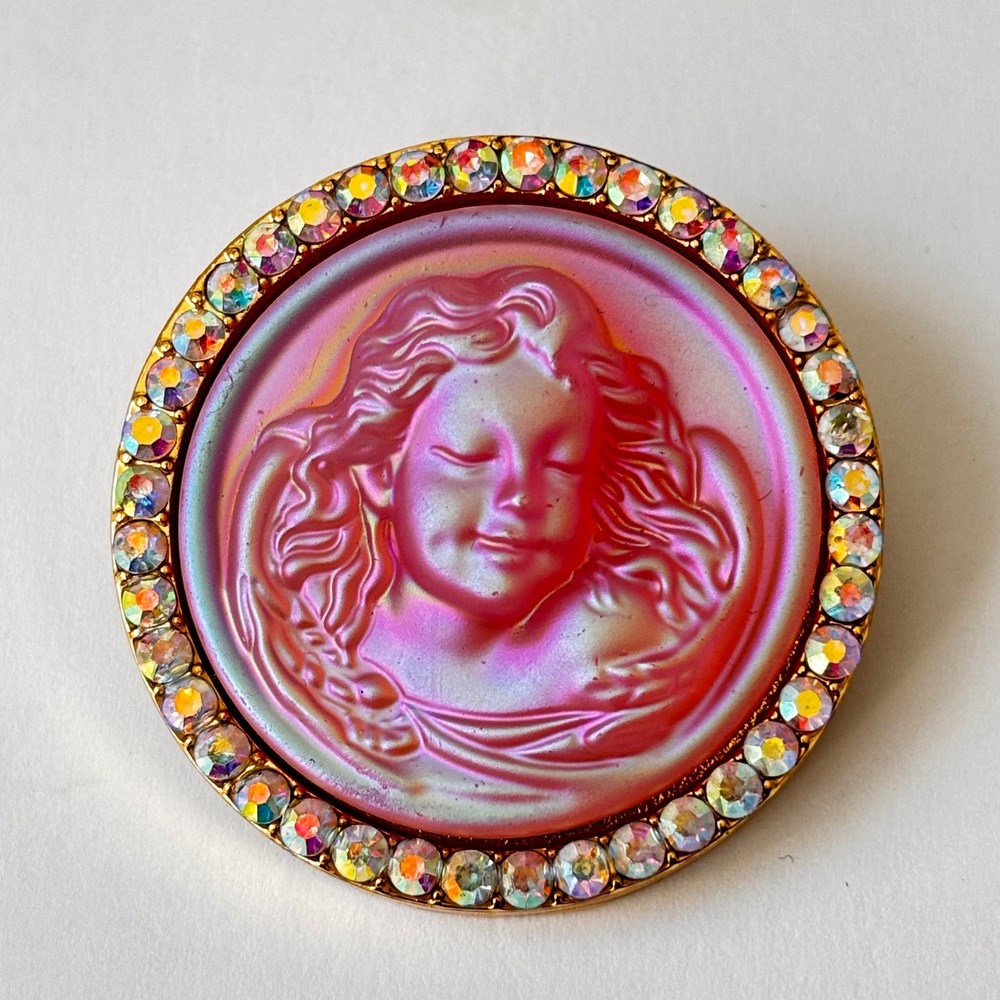 Vintage Kirk's Folly Cherub Brooch Iridescent Pink Rhinestone Gold Tone 1.5"